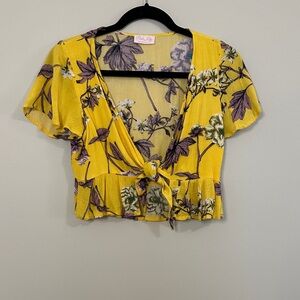 Yellow Floral Blouse with Tie-Front